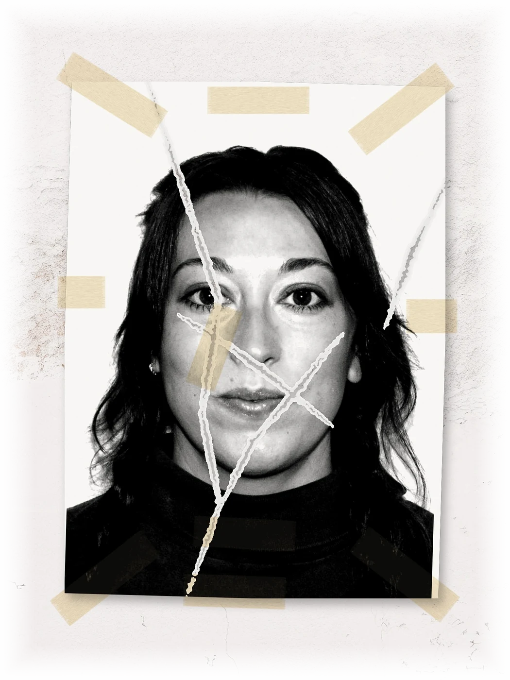Black-and-white portrait of Katana Calderwood, taped to a wall with torn paper strips