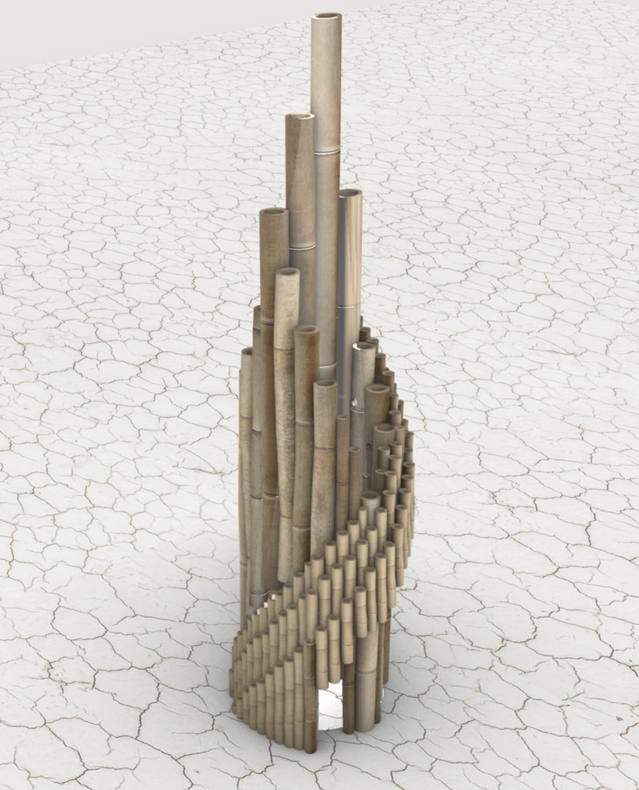 Render of a tall spiral tower of bamboo poles on a cracked white desert floor