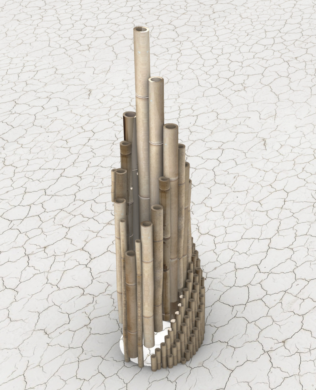 The bamboo tower from another angle, with a circular opening at its base
