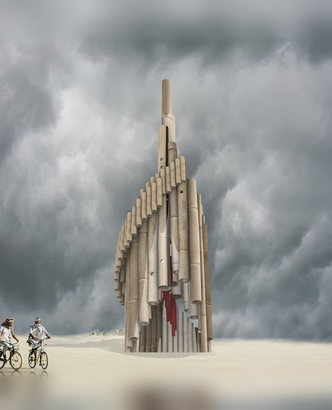 The bamboo tower under a stormy sky, with two people on bicycles in the desert