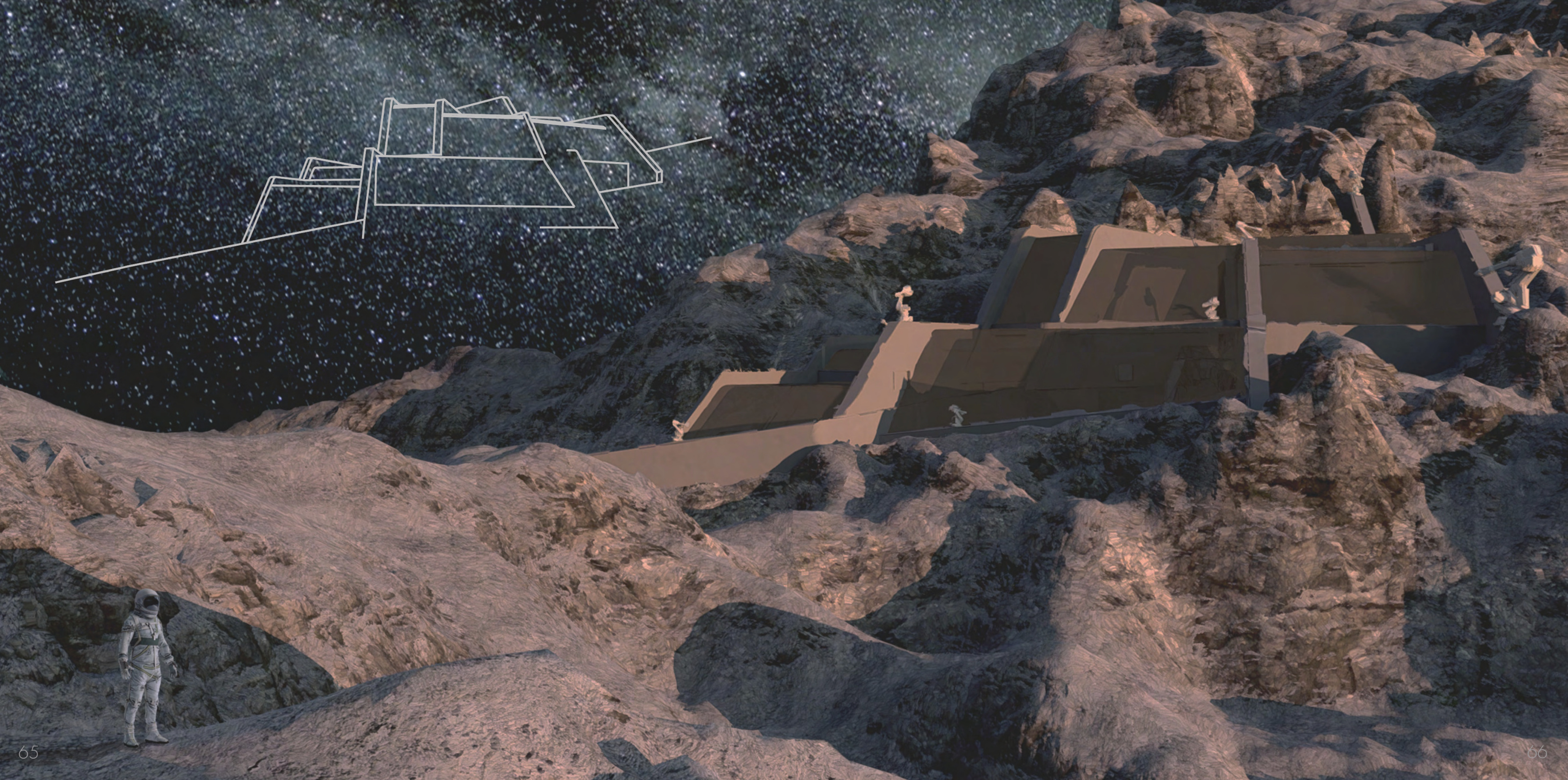 CERESOMA lunar research facility: a pale wireframe outline floating above the facility on a rocky lunar landscape under a starry sky