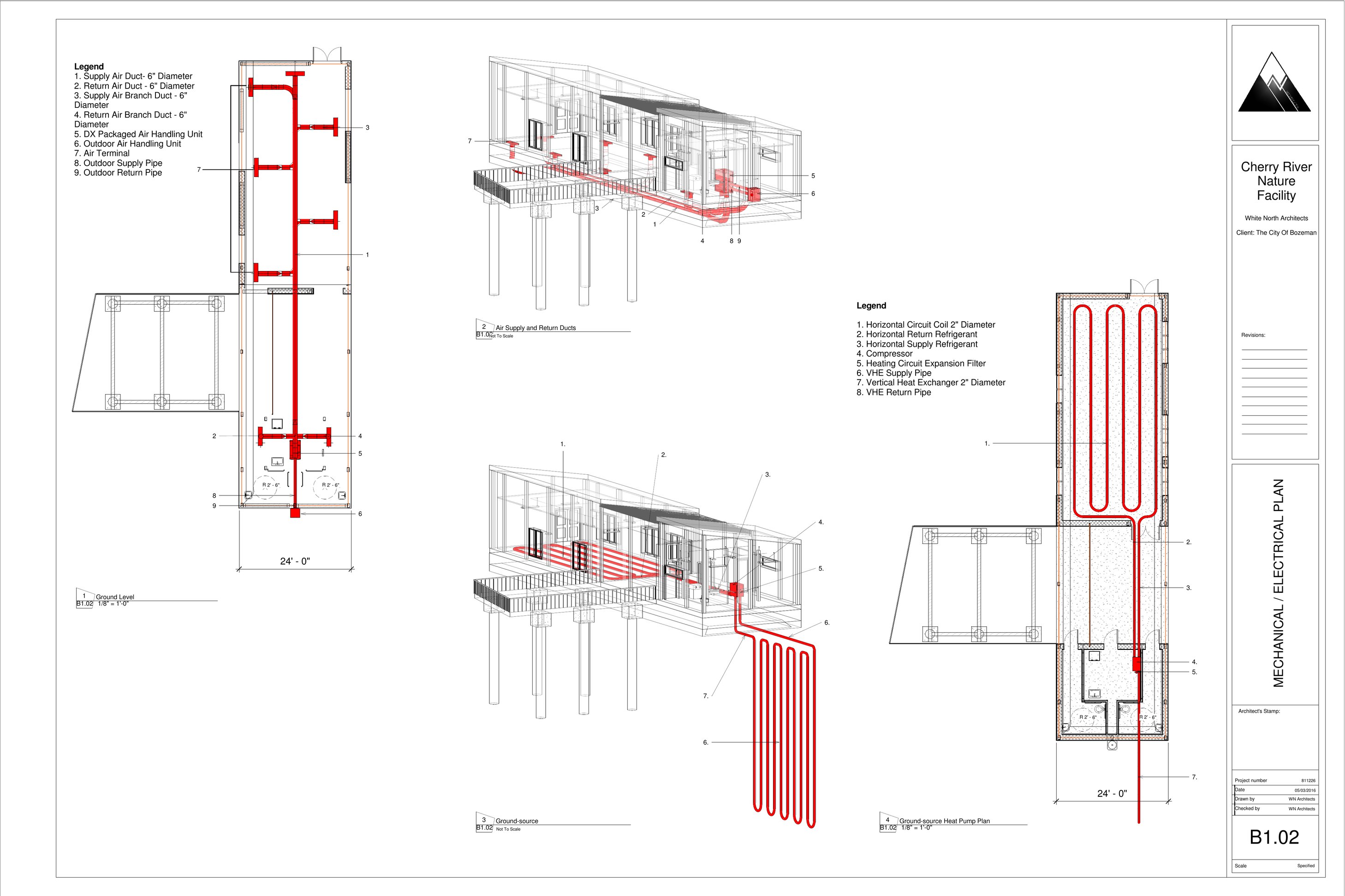 Mechanical and electrical plan: HVAC and ground-source loop diagrams, sheet B1.02