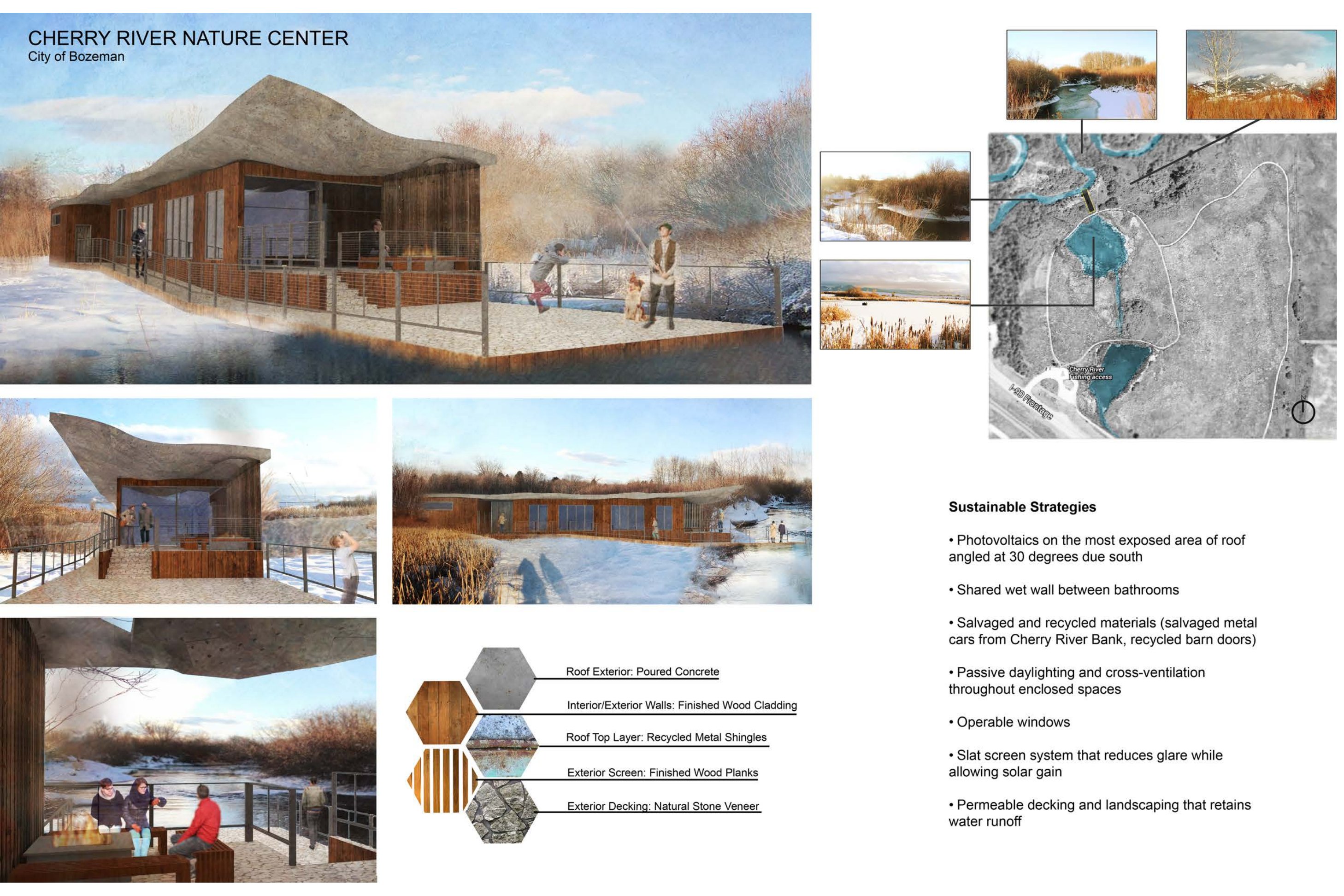 Cherry River Nature Facility presentation board: renderings, plans and sections