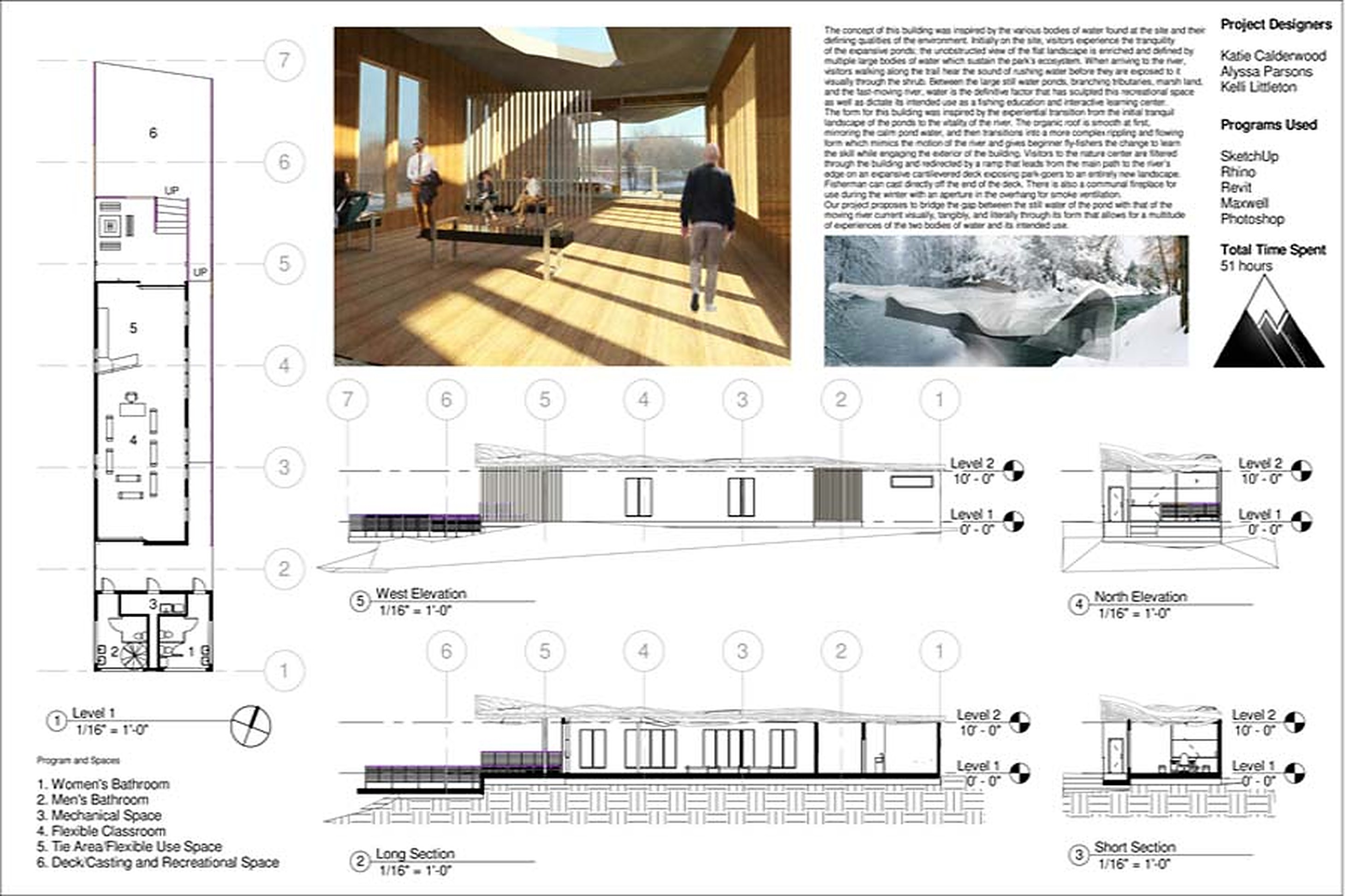 Project board: floor plan, interior rendering, elevations, sections and project statement