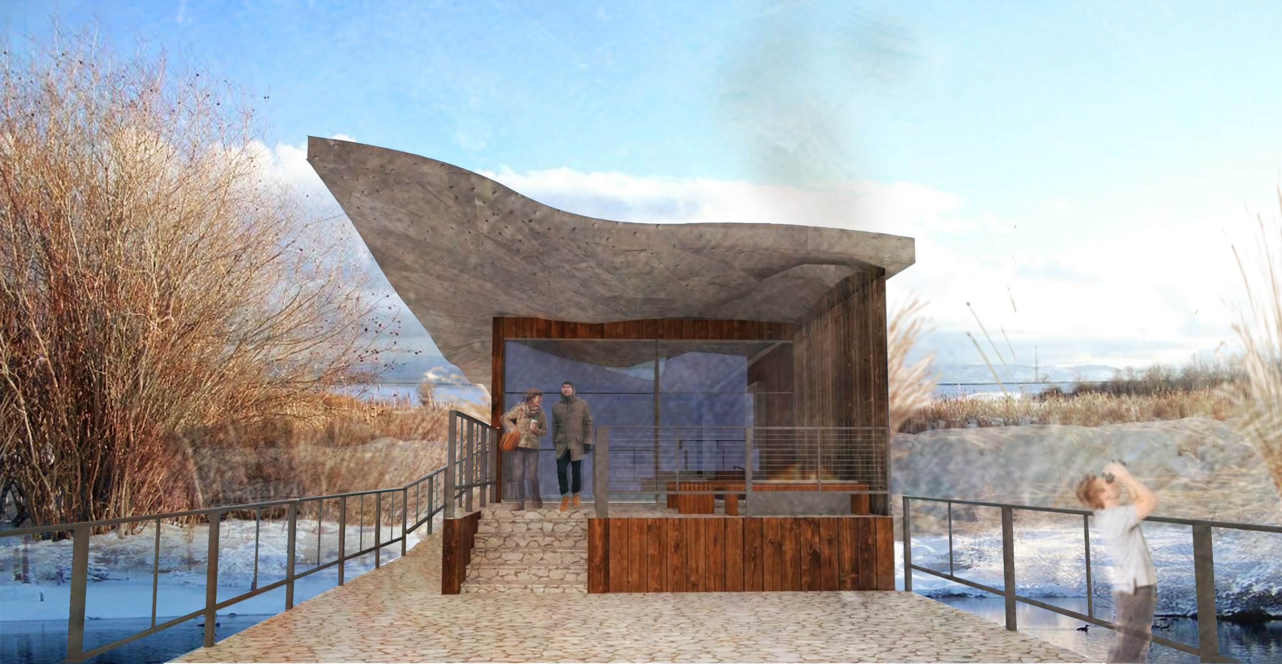 Cherry River Wildlife Observatory: rendering of the nature center and deck beneath its rippling concrete roof