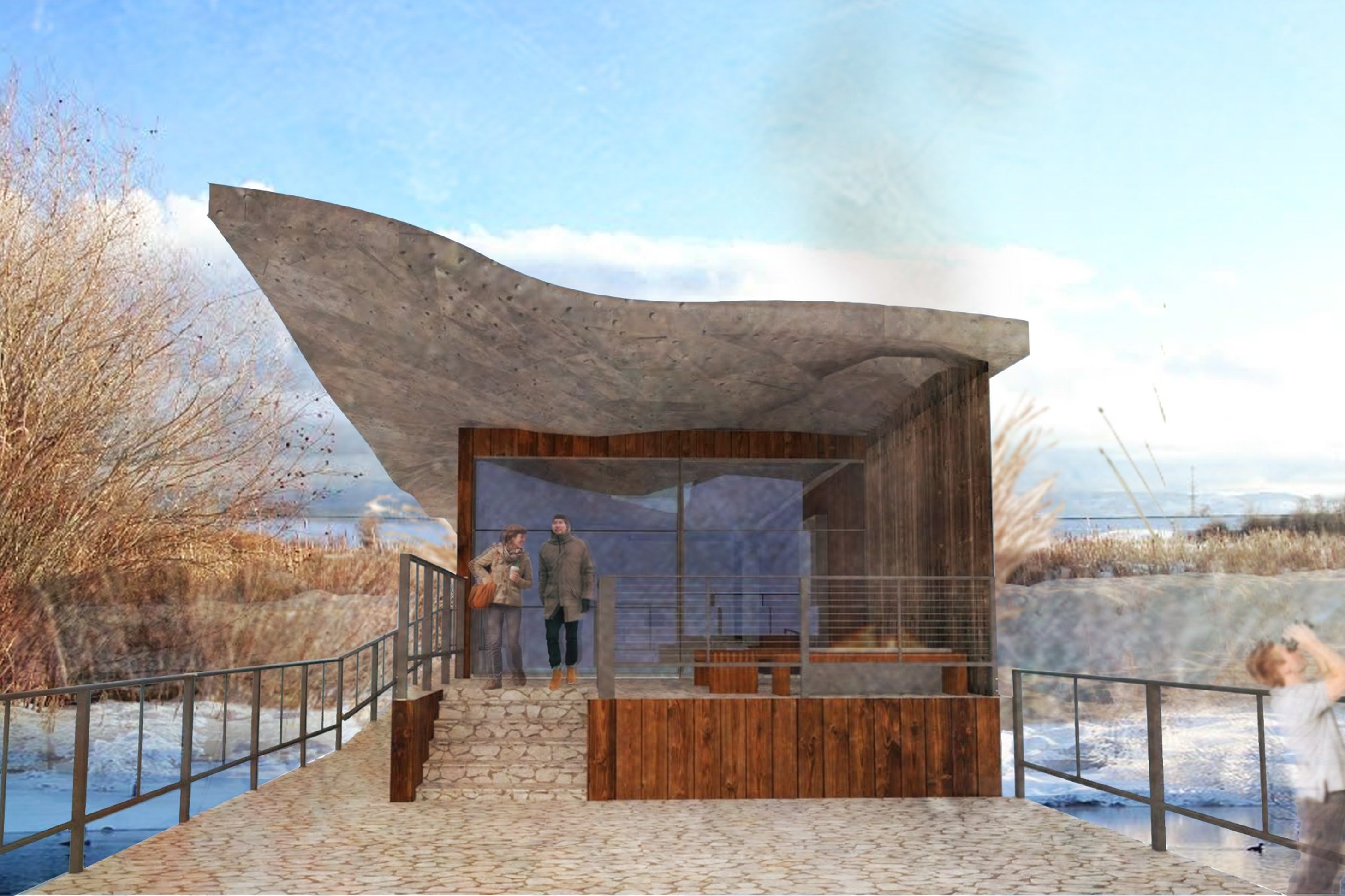 Cherry River Wildlife Observatory: rendering of the nature center and deck beneath its rippling concrete roof
