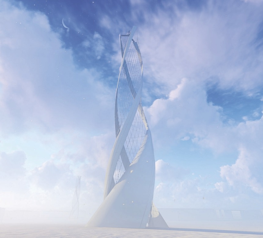 Twisting white and glass tower rising above clouds