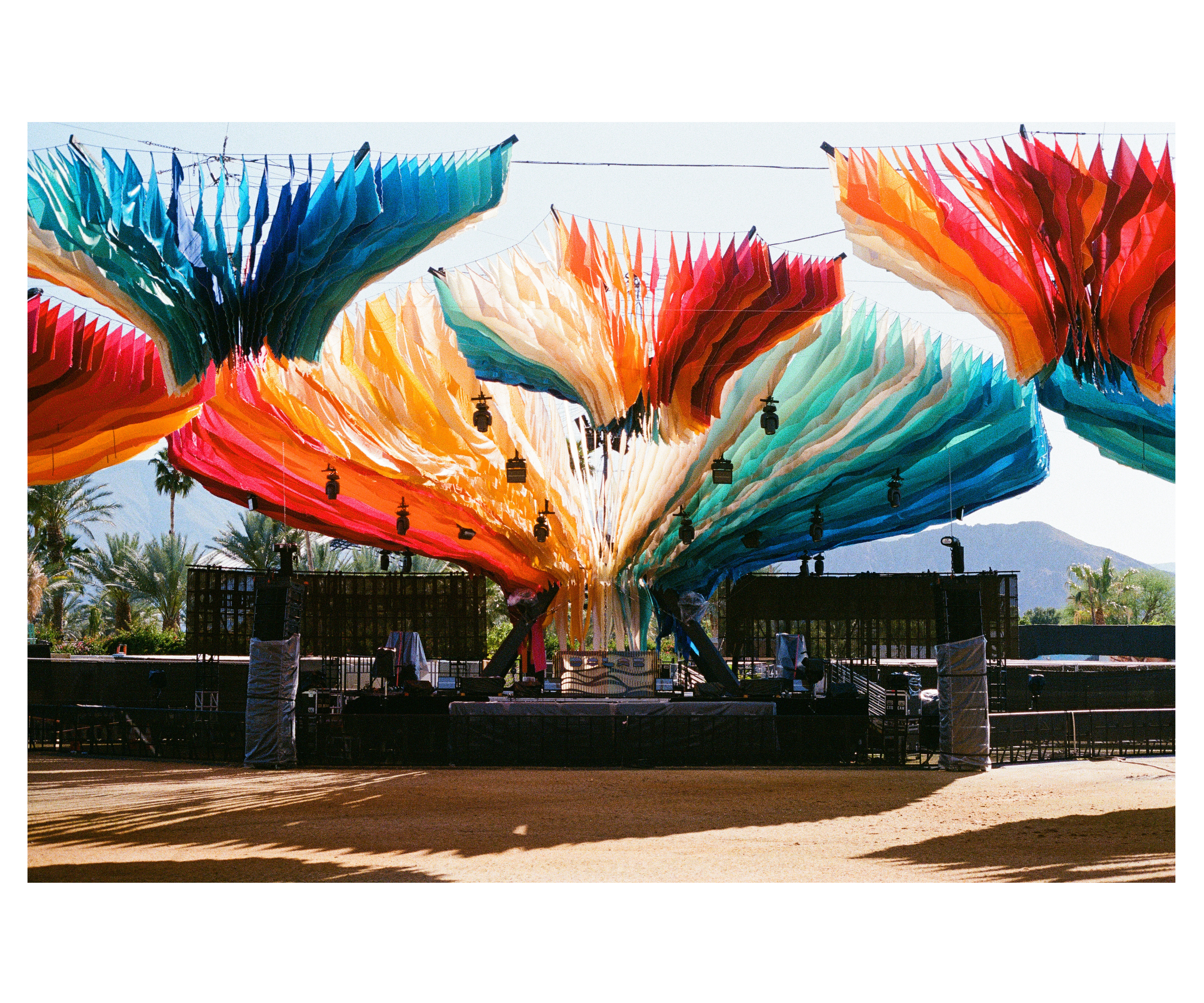 Colorful fabric canopy of the MACROdose stage above an empty stage