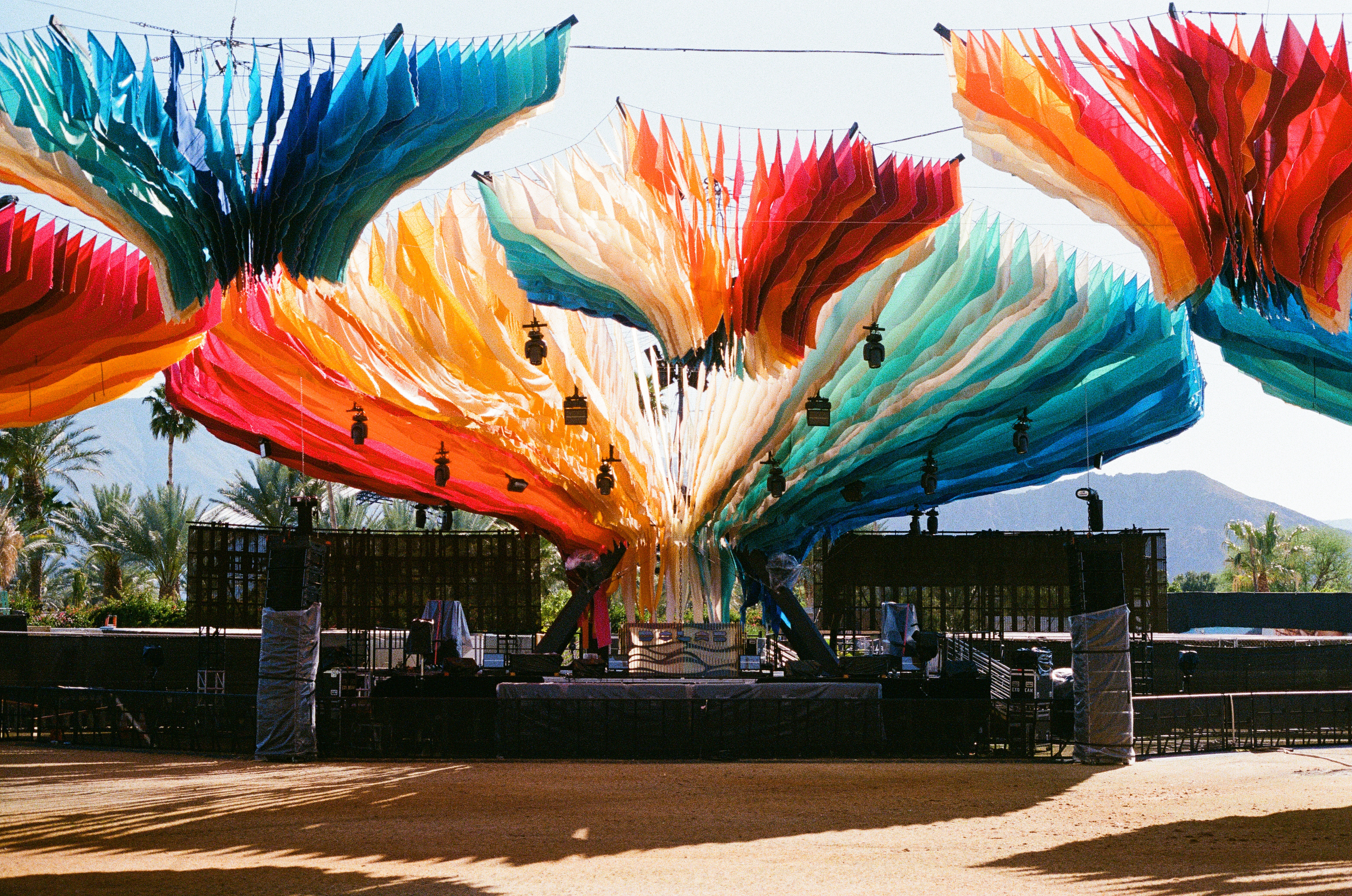 MACROdose Stage at Coachella, 2024: colorful fabric canopy above an empty stage