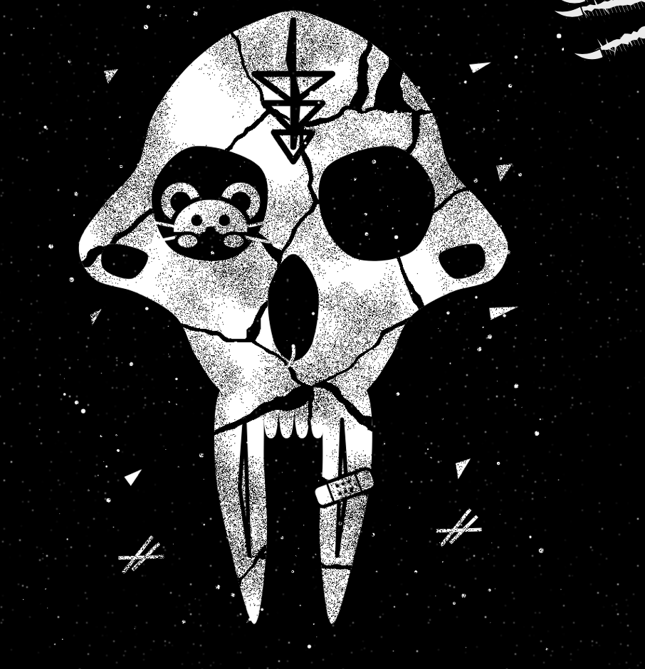 Black and white cracked skull graphic with a small cartoon animal face in one eye socket and a bandage on one fang