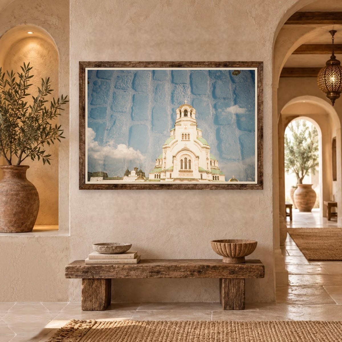 Golden-domed cathedral above reflected cobblestones
