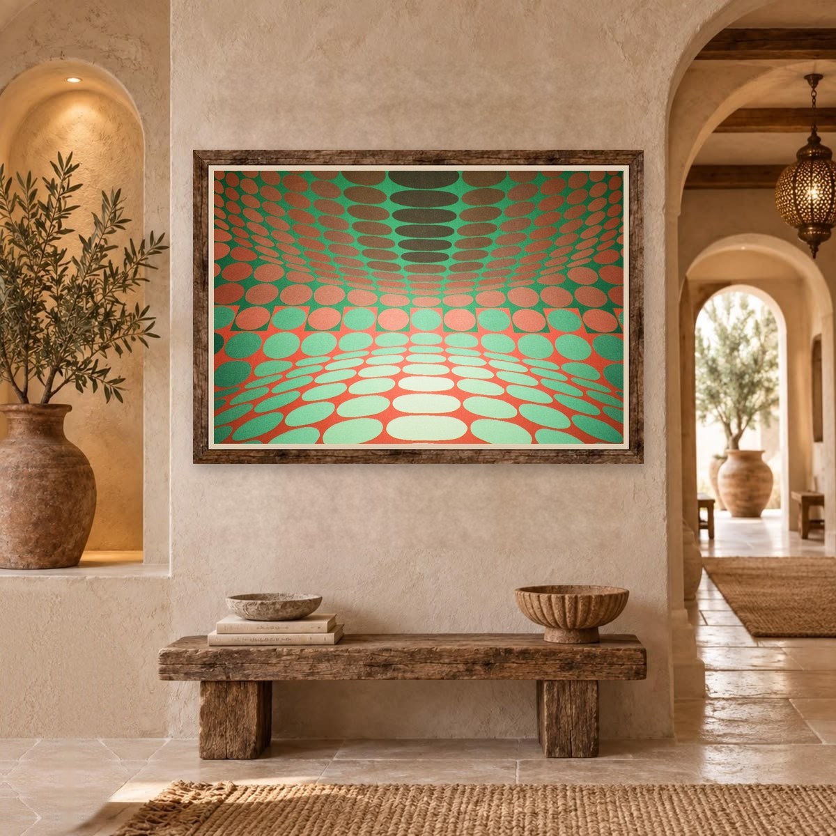 Op-art pattern of green and orange ovals