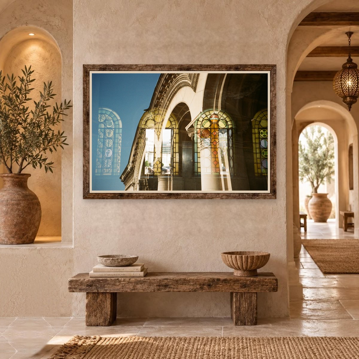 Double exposure of arched stained-glass windows