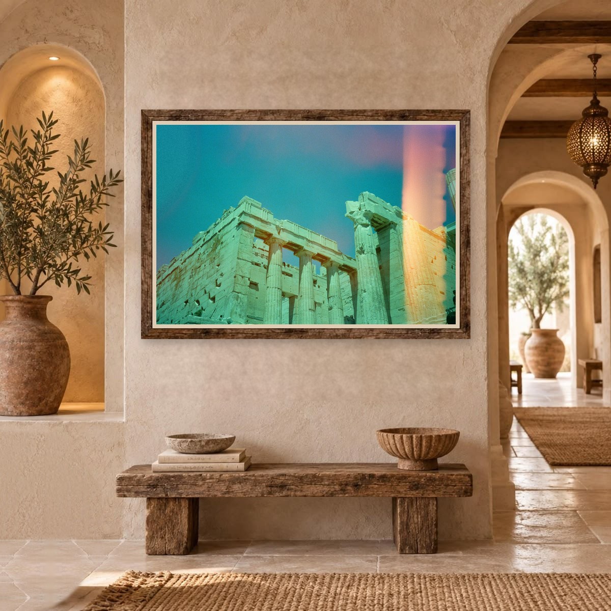 Doric columns of a ruin under a teal sky with light leaks
