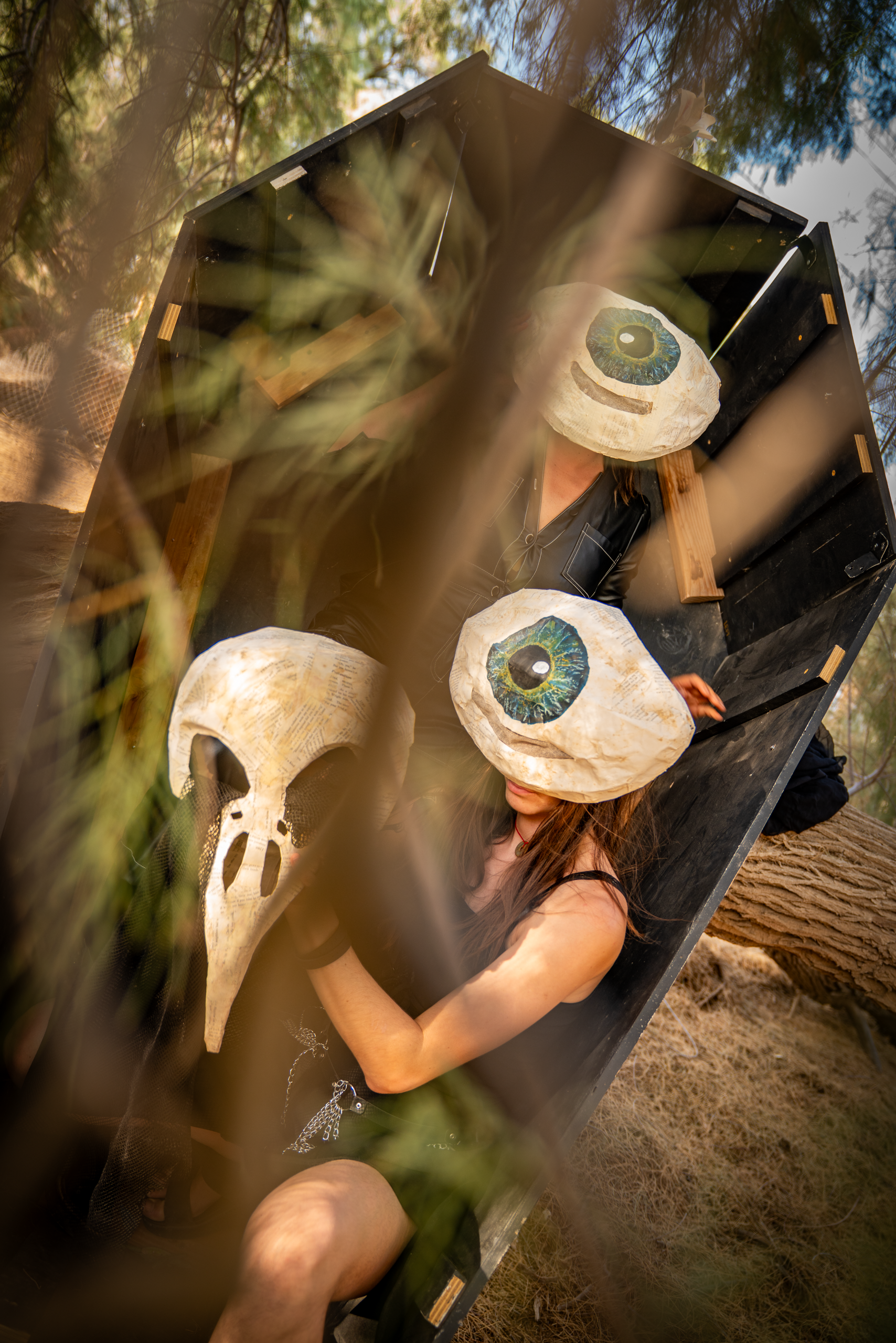 Two figures in eye hats inside a tilted black coffin, a bird-skull mask in the foreground