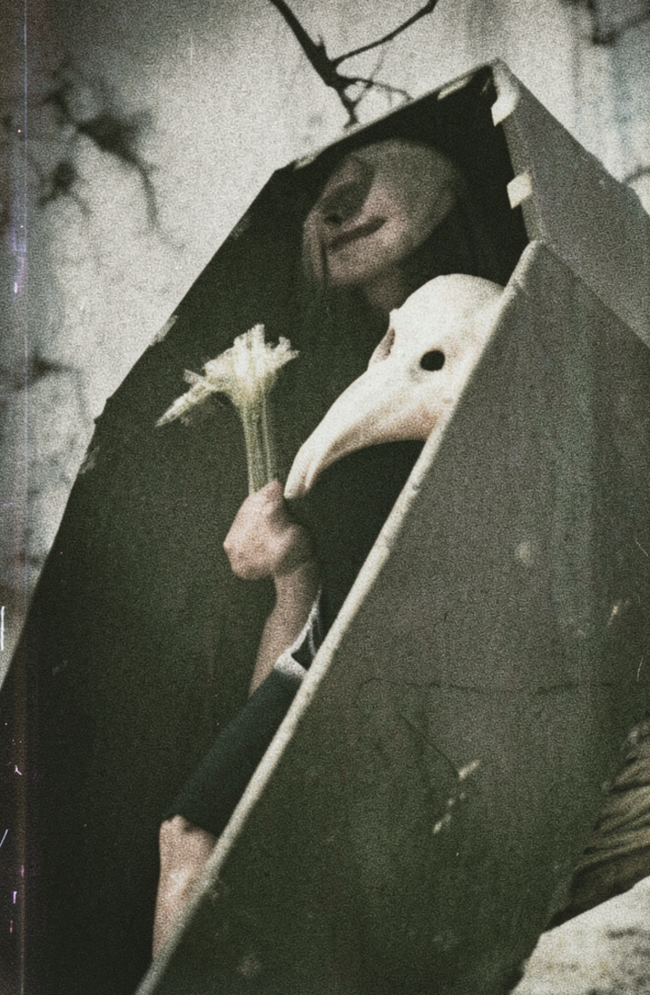 Grainy vintage-toned photograph of a figure inside an upright coffin, holding a white lily beside a bird-skull mask