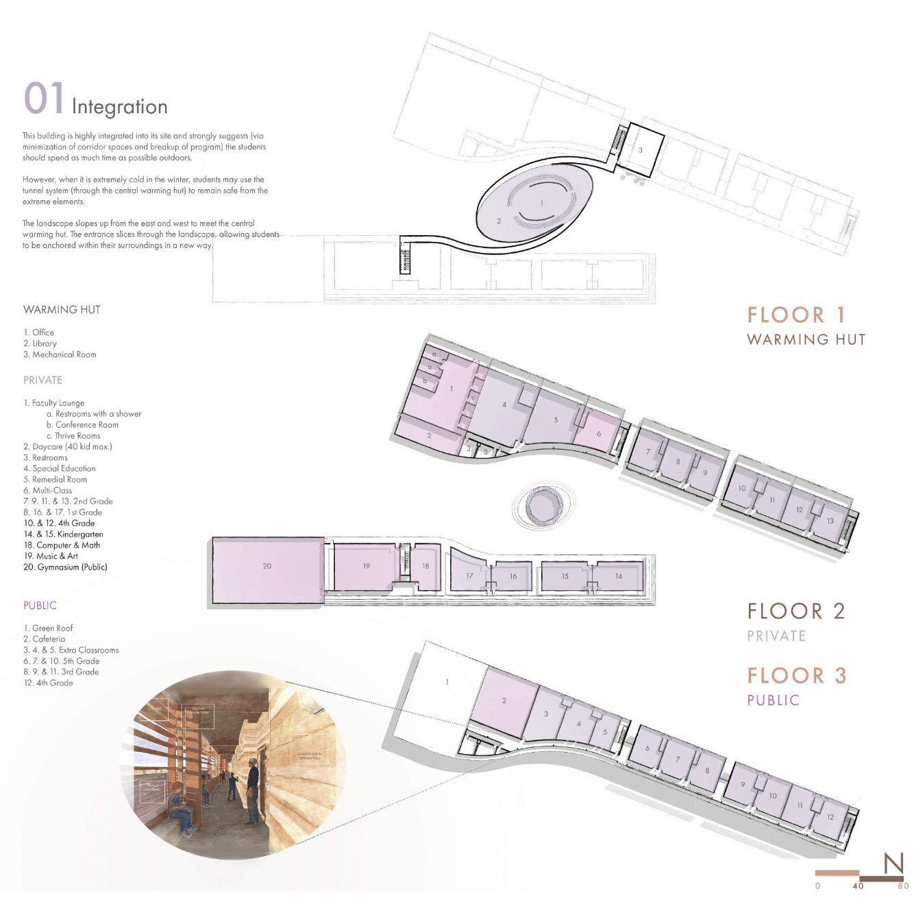 Integration: floor plans for the warming hut, private floor and public floor